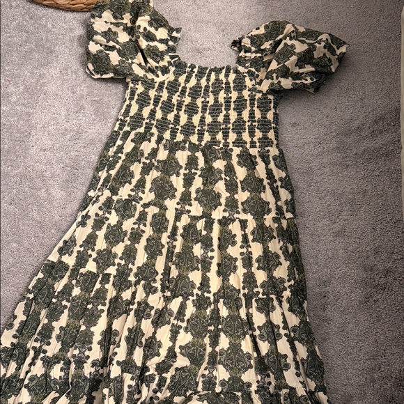 Girls Cream and Dark Green Printed Smocked Dress with Puff Sleeves - Picture 4 of 4